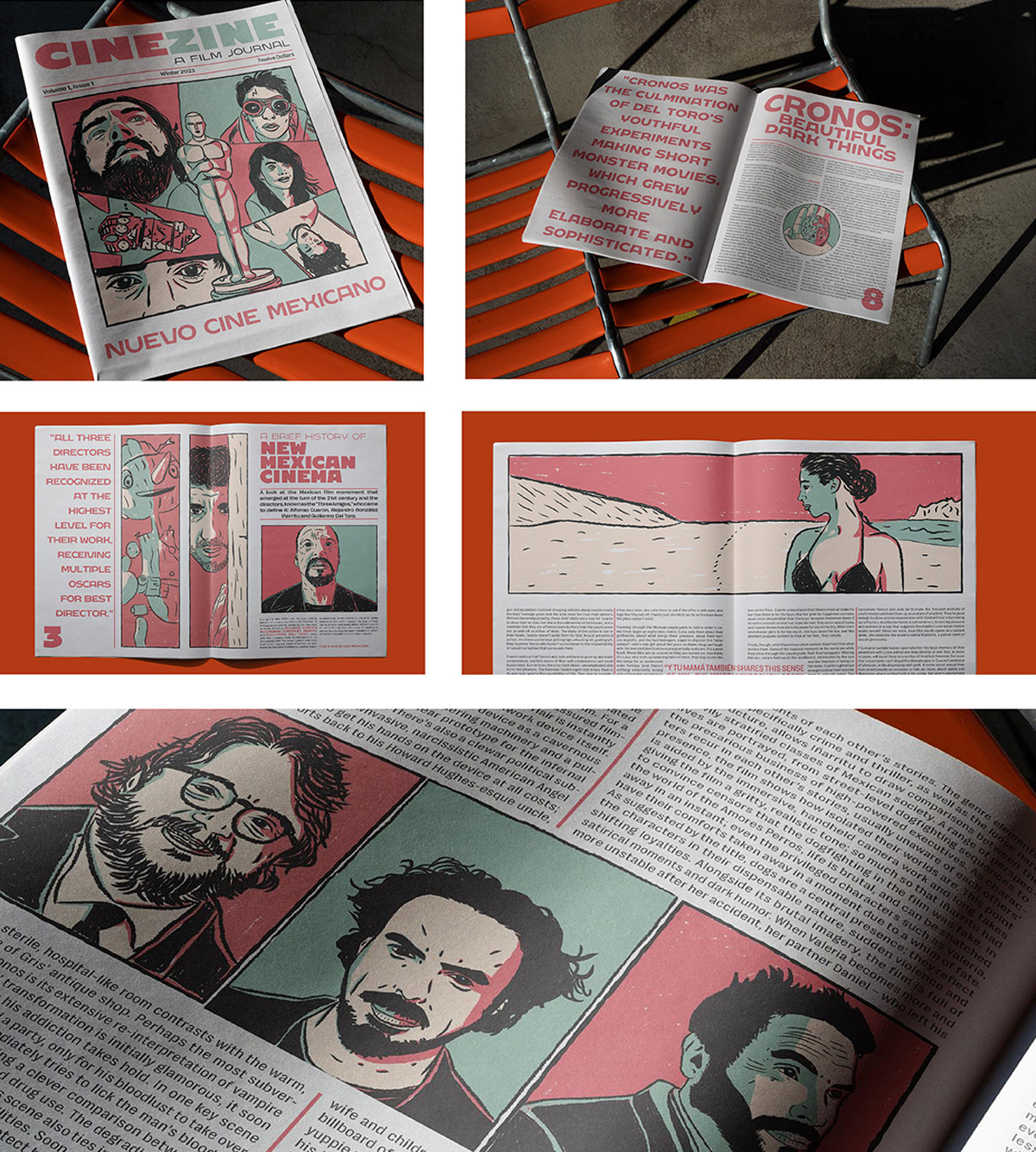 This image shows a film journal, Cinezine, with a focus on "Nuevo Cine Mexicano." It includes graphic illustrations and articles on Cronos and Mexican cinema history, featuring illustrated portraits of directors and film stills. The design uses bold red, green and black colors.