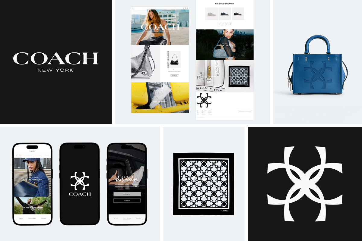 Six images showcasing a modern brand refresh for Coach, honoring its heritage while introducing a bold new monogram and elevated digital presence