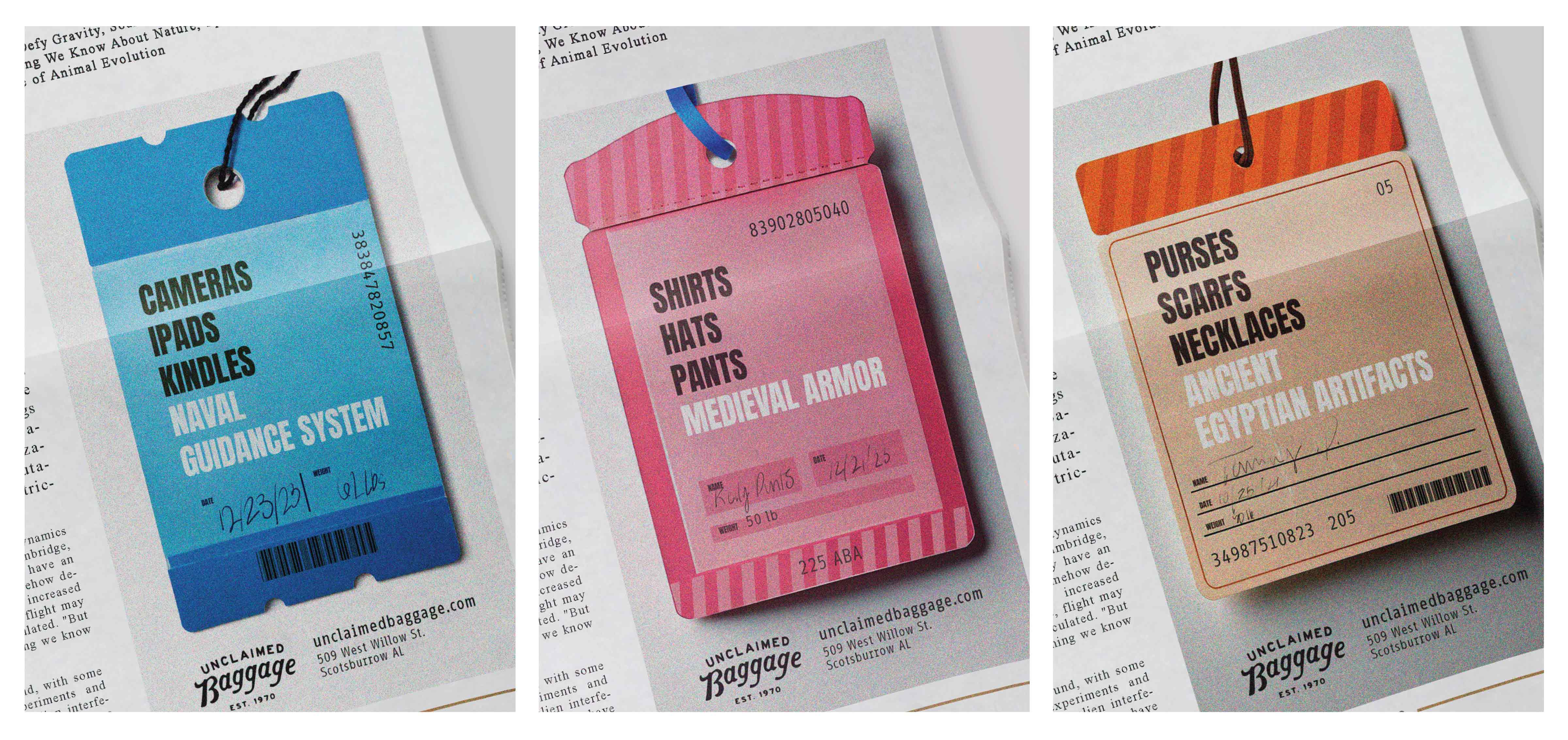 Newspaper advertisements with vintage luggage tags with taglines  like "Cameras, iPads, Kindles... Naval Guidance System," "Shirts, Hats, Pants... Medieval Armor," and "Purses, Scarves, Necklaces, Ancient Egyptian Artifacts."