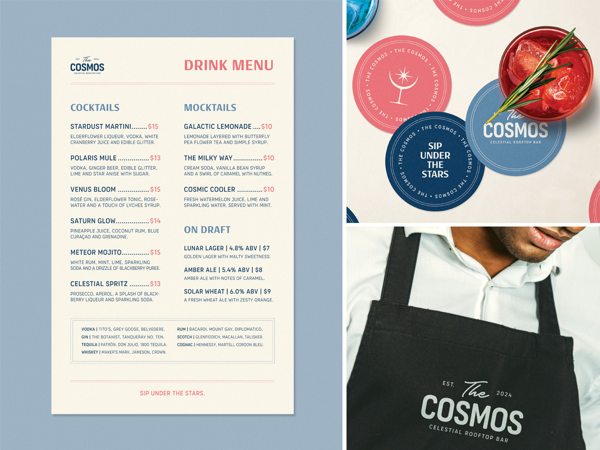Three images featuring the brand. Image 1: Menu design. Image 2: Branded coasters. Image 3: Man in branded apron