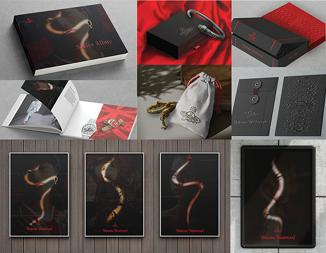 Eight branded visuals featuring snake and Saturn motifs: a book cover (Scales Allure), jewelry boxes and bags with snake bangles, a PR box for Vivienne Westwood, a black envelope, and posters of women’s faces matching the book’s style.