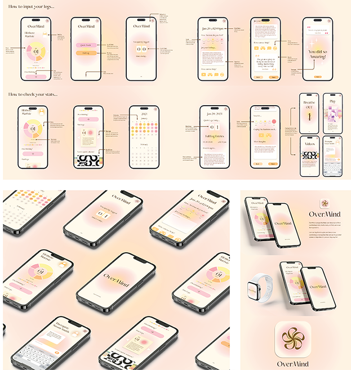 Three images featuring an Anxiety/Overthinking habit tracking/aid app. Image 1: a full break down of the functions of logging an "episode" or thoughts, moods, coping mehaisams, etc. Image 2: glamour shot of all the apps features. Image 3: a summery of the appshots of the app on a phone mock up,  and shots of the squae app icon. 
