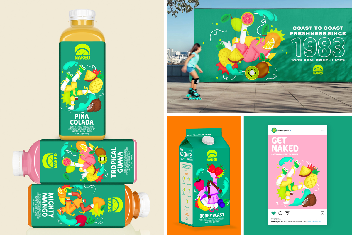 Four juice brand images: bottles with fruit and active figure art, a rollerskater near a mural, a Berry Blast carton with fruit, and an Instagram post with a handstand skater and branding text.