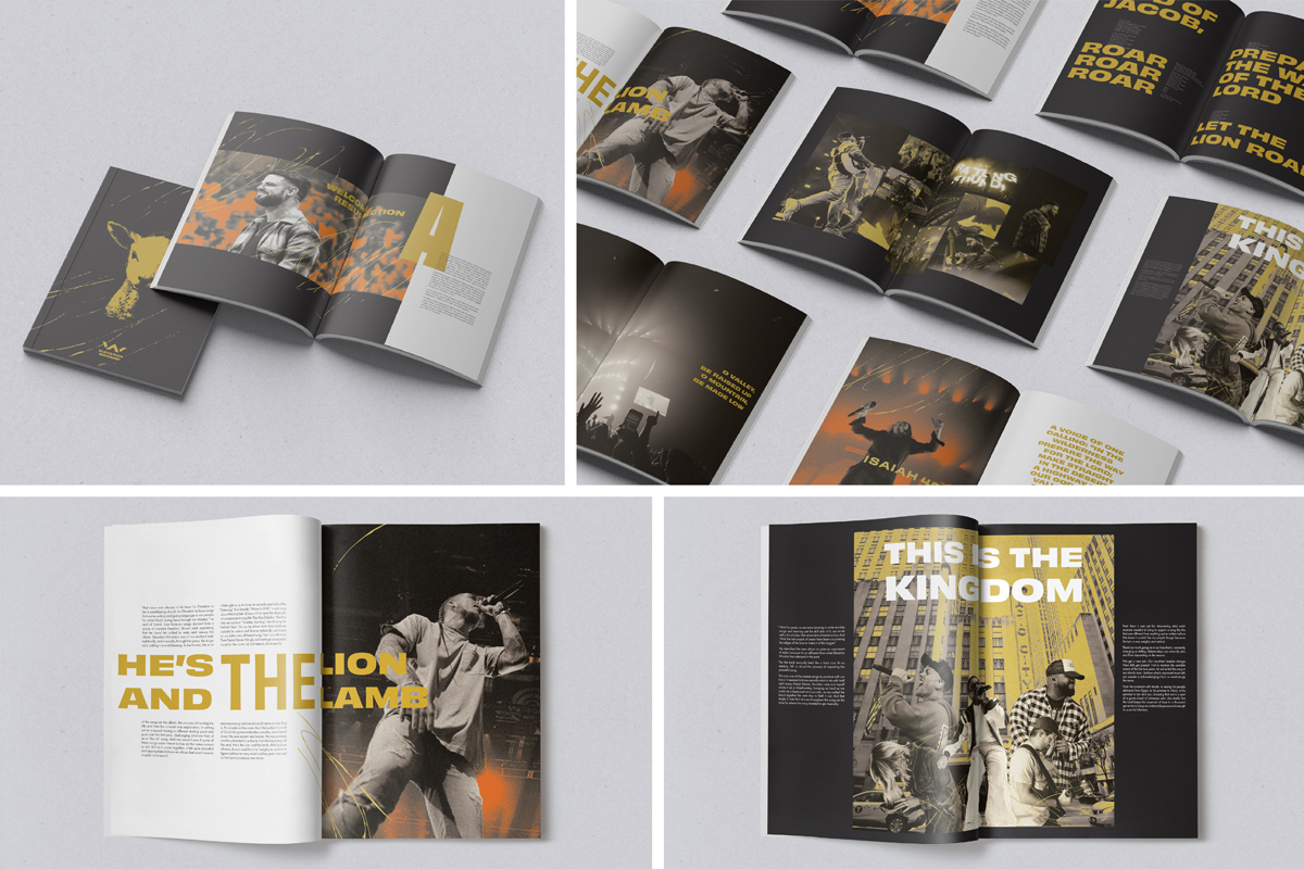 Four images of the Elevation Worship: Lion publication: cover and first spread, full mock-up spreads, and two spreads with worship lyrics over singer photos.