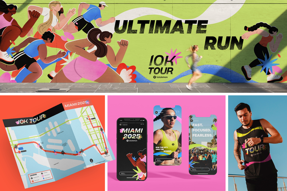 Four images promoting a Lululemon 10K event: a runner in front of a mural, a route map with key markers, three Instagram Reels with event messaging, and a man wearing the race shirt.