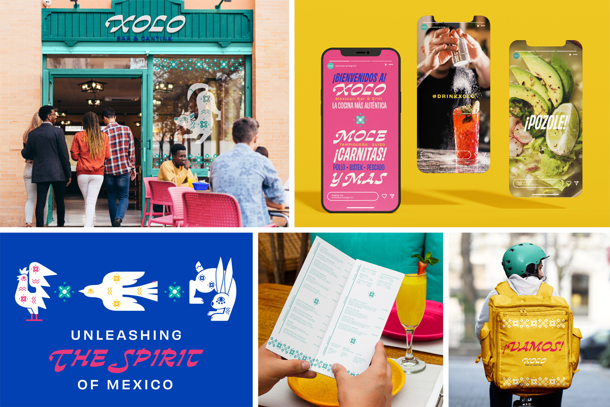 Five images of XOLO Bar & Cantina branding: exterior signage, Instagram posts of food and drinks, alebrije illustrations, colorful menu mock-up, and a delivery courier with the text "Vamos!"