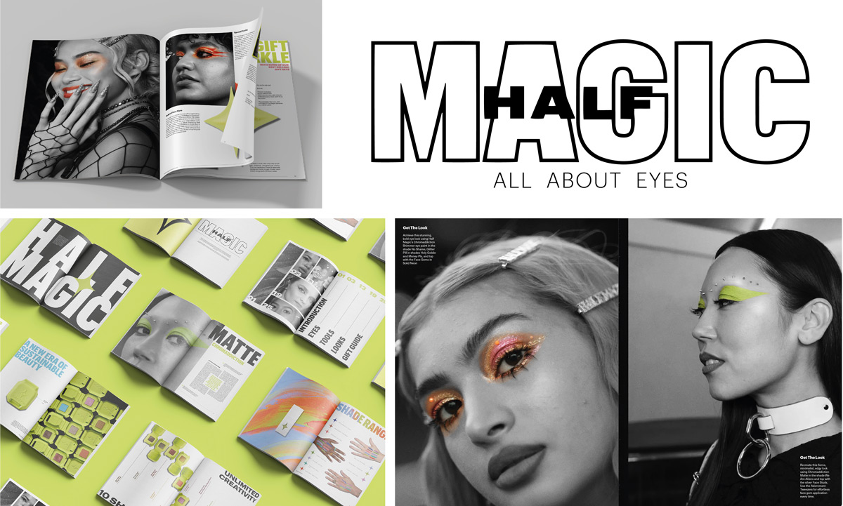 Three images of travel-themed beauty branding: a poster for frequent flyer kits, a Fuji Five Lakes eyeshadow palette with location art, and a facial mist bottle with a plane motif.