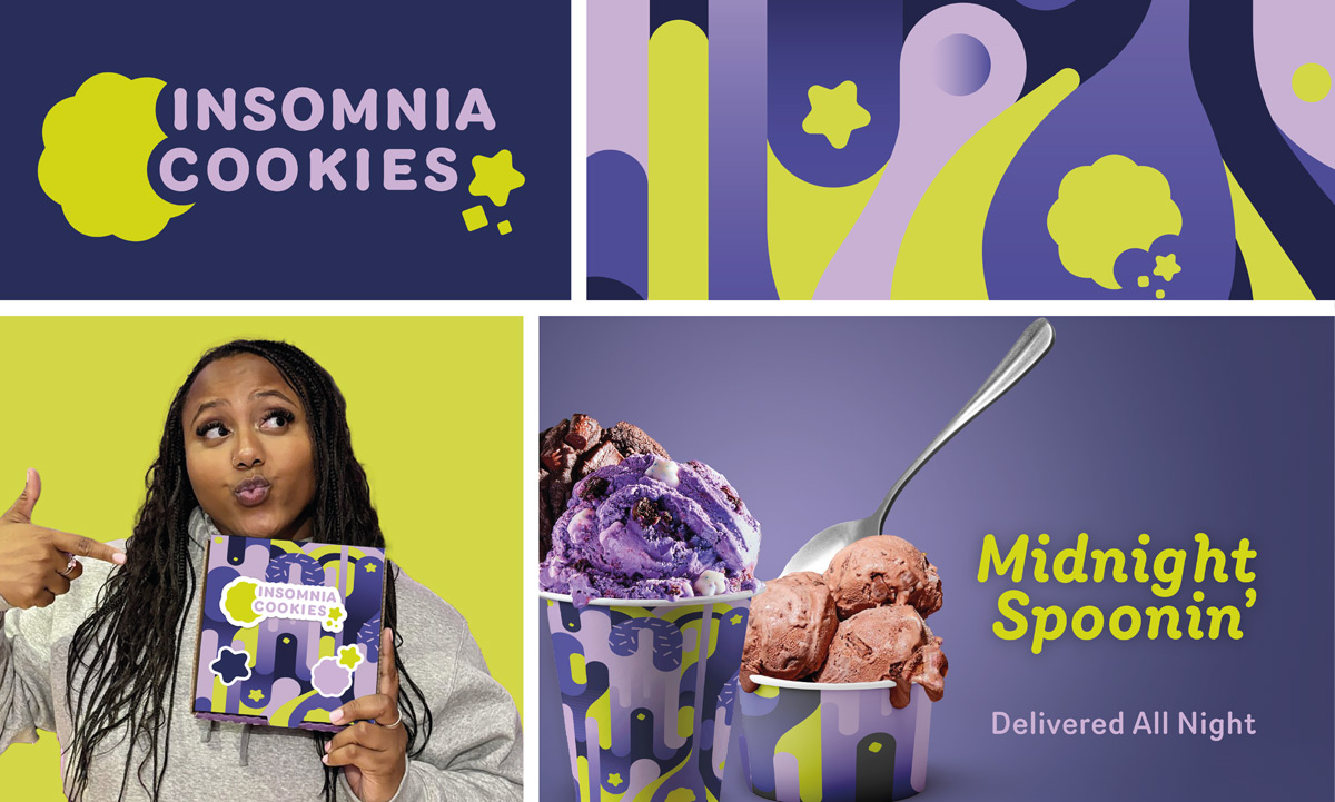 Four images of Insomnia Cookies branding: a dreamy logo on dark blue, a whimsical night-sky pattern, a woman posing with a branded cookie box, and two ice cream cups with the phrase “Midnight Spoonin’.”