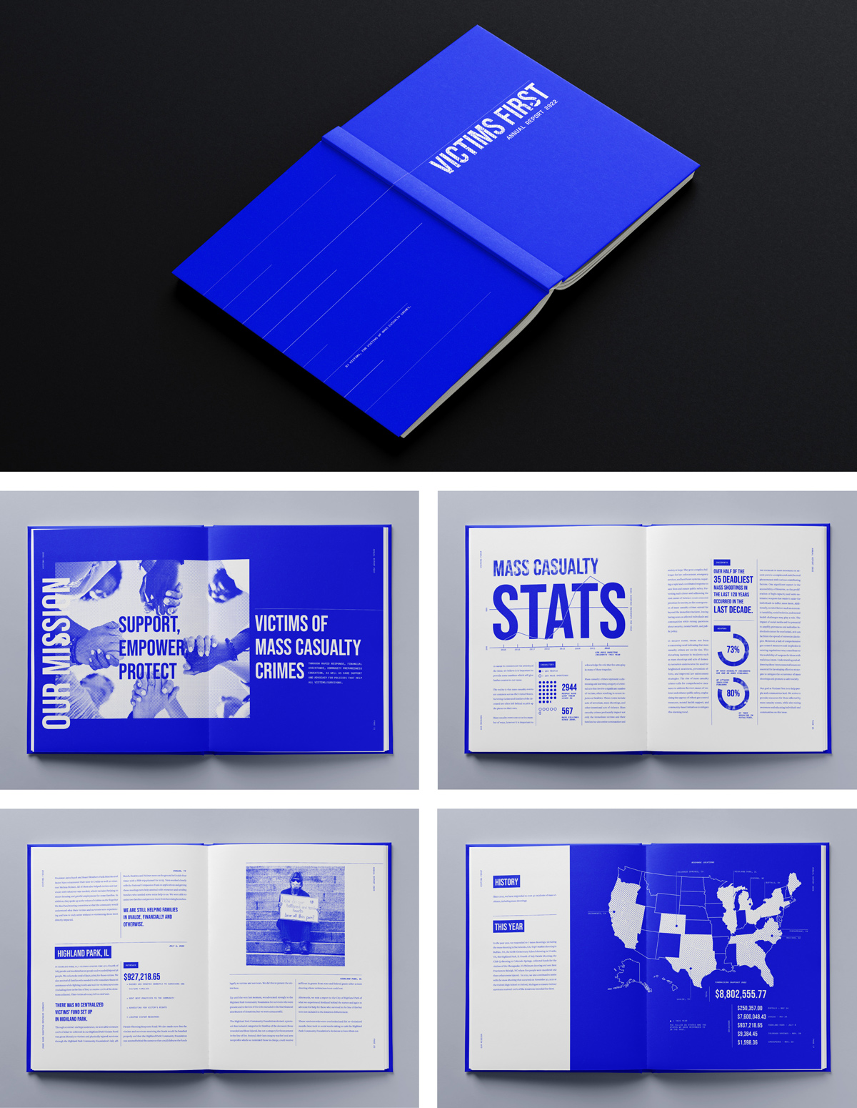 Five images of the Victims First: Annual Report 2022: front and back cover, mission statement, crime statistics, donation impact with protest photo, and a U.S. donation map.