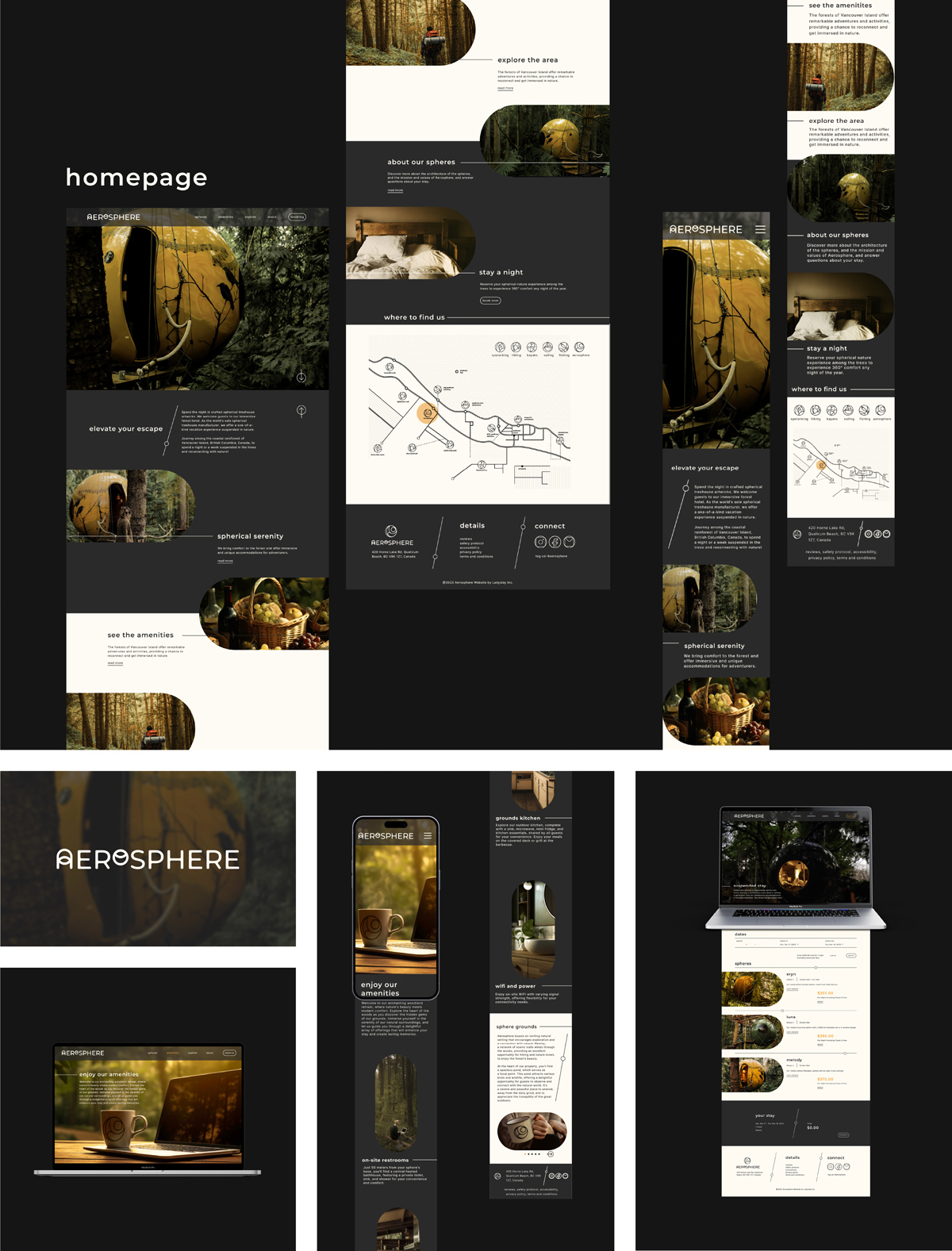 Five images showing Aerosphere website design: homepage flats, logo over a spherical treehouse, desktop and mobile mockups of the amenities page, and a booking page mockup.