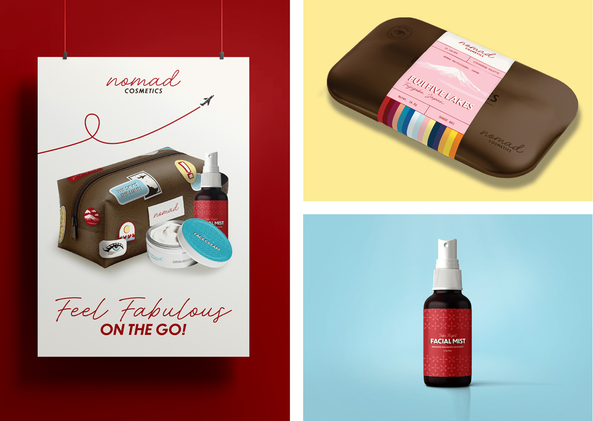 Three images: a poster for frequent flyer travel kits with bold text and a plane illustration, a Fuji Five Lakes eyeshadow palette with location art, and a facial mist bottle with a plane pattern and product info.