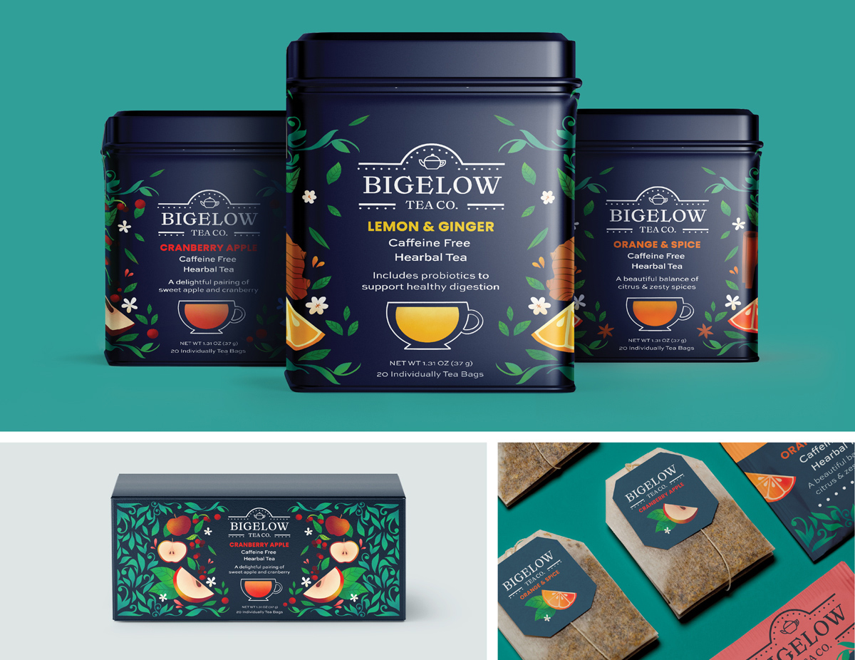 Three Images featuring a brand campaign. Image 1: 3 loose tea canisters in a row. Image 2: A singlar tea box 3: A row of tea bag packets.