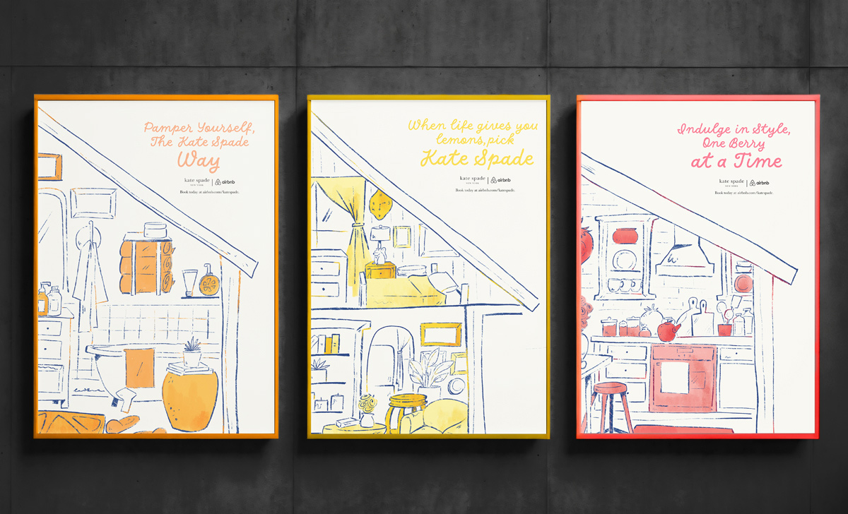 An image featuring three illustrative posters of the interior of Air BnBs