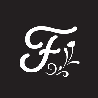 Black square with a white F in cursive writing in the center.