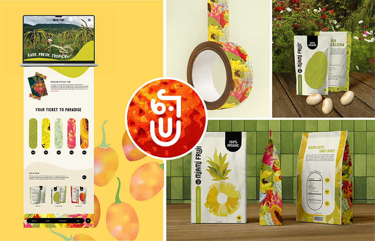 Five images from a brand campaign: a website landing page, a circular fruit-textured graphic with Miami Fruits' secondary logo, tropical fruit patterned packaging tape, a staged outdoor shot of jackfruit seed packaging, and three views of freeze-dried pineapple packaging.