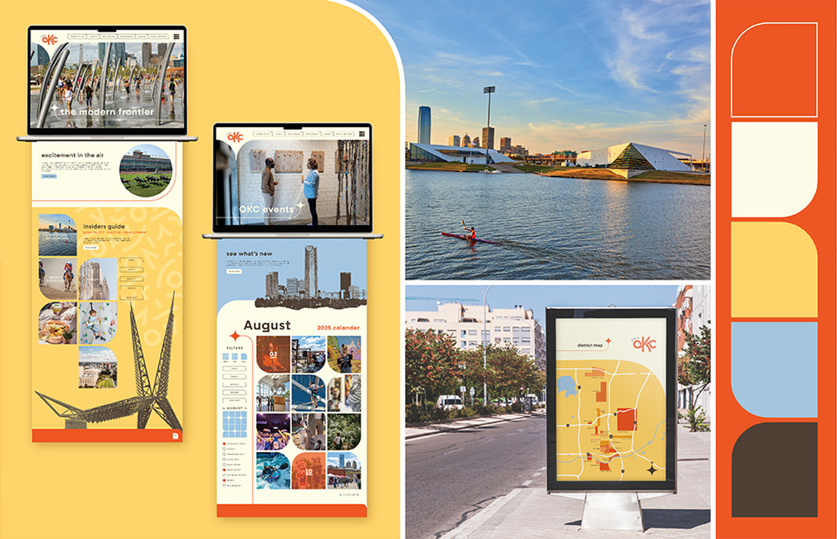 Five images featuring a brand campaign. Image 1:  Visit OKC's logo overlaying the OKC district map. Image 2: A visitors guide publication featuring the front cover and one open spread. Image 3: Three OKC Riversport banners. Image 4: A mural artist painting a wall in OKC. Image 5: A set of stickers.