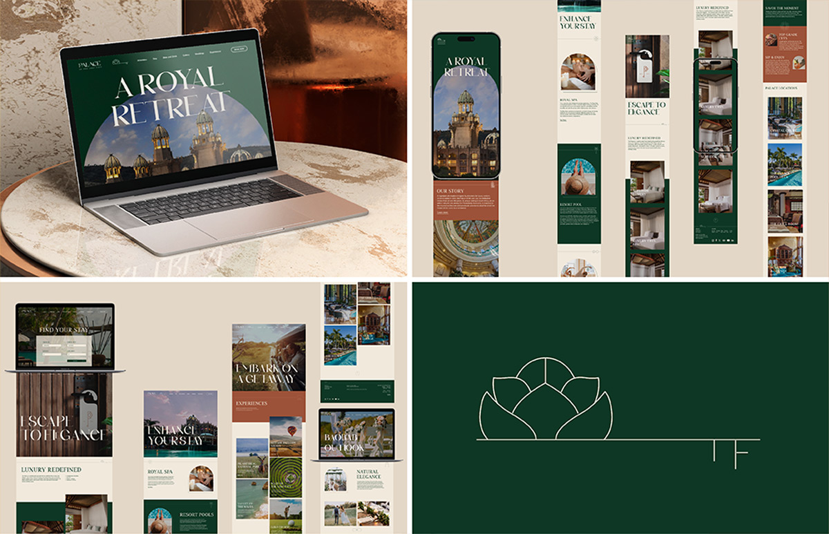 Four images featuring a website redesign. Image 1: An open laptop featuring The Palace's homepage design. Image 2: Five iphone wireframes. Image 3: Four laptop wireframes. Image 4: A closeup of The Palace's logomark.