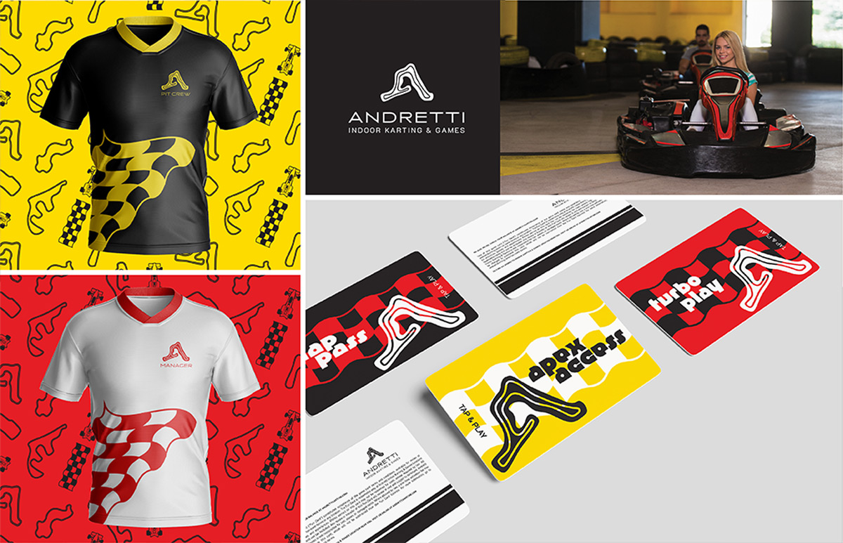 Five images featuring a brand campaign. Image 1: A black and yellow employee shirt. Image 2: The redesigned Andretti logo. Image 3: A brand image of a girl driving a go kart. Image4: A white and red manager shirt. Image 5: Three game pass cards.