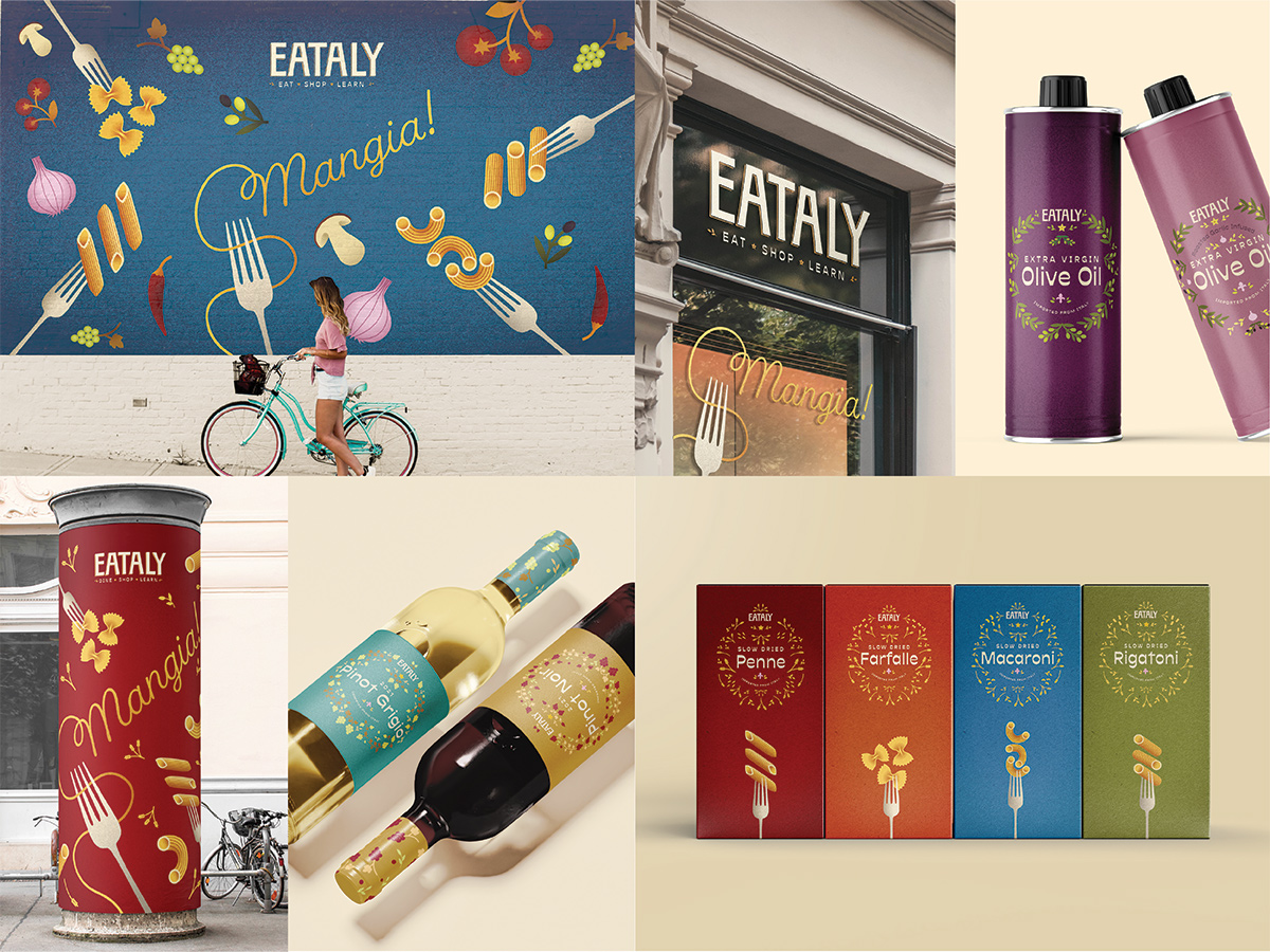 Six Images featuring a brand campaign. Image 1: A mural with food illustrations and the logo.  Image 2: A storefront window with the logo and a pasta illustration. Image 3: Olive oil packaging. Image 4: A column advertisement with pasta illustrations and the logo. Image 5: Two wine bottles. Image 6: Four pasta boxes.