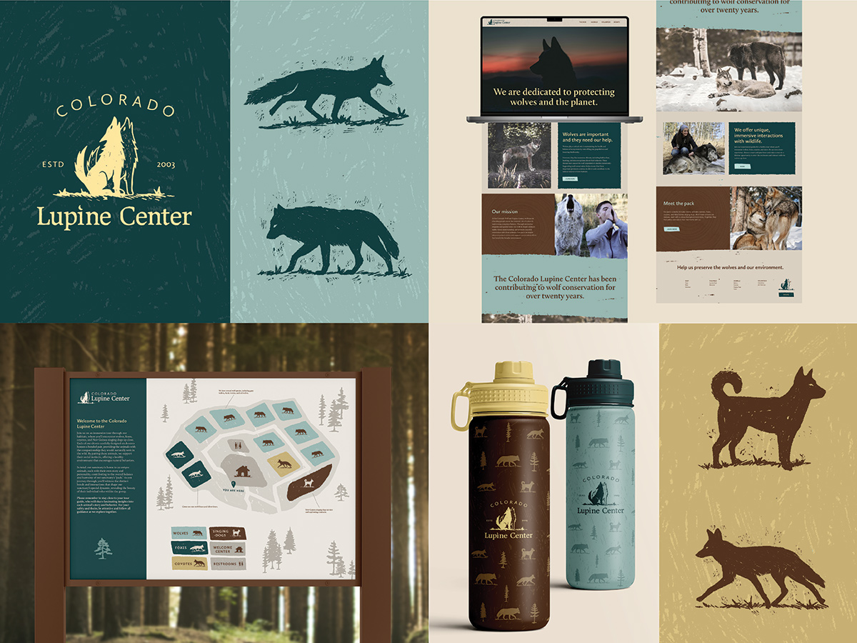 Six images showing the brand campaign. Image 1: The logo. Image 2: Two illustrations. Image 3: A website. Image 4: an outdoor sign with a map. Image 5: Two water bottles. Image 6: Two illustrations.