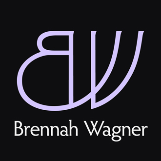 BW in decorative type in lavender, Brennah Wagner in white against a black background.