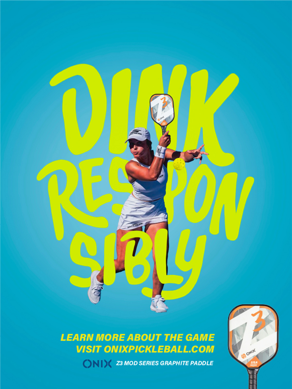 Blue poster of a woman playing pickleball.