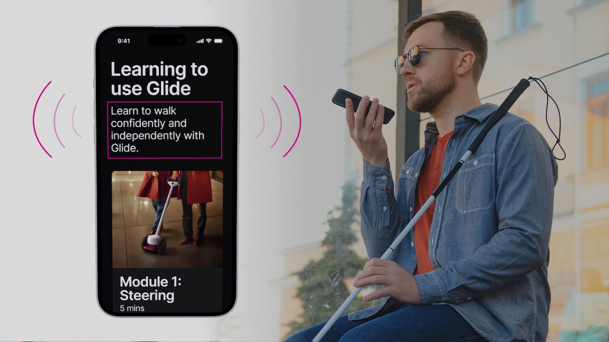 Image of a blind individual speaking into their phone. 
