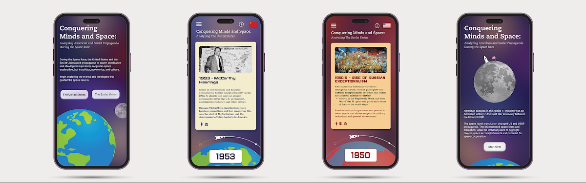 Four images of mobile photo prototypes of the Conquering Minds and Space app.