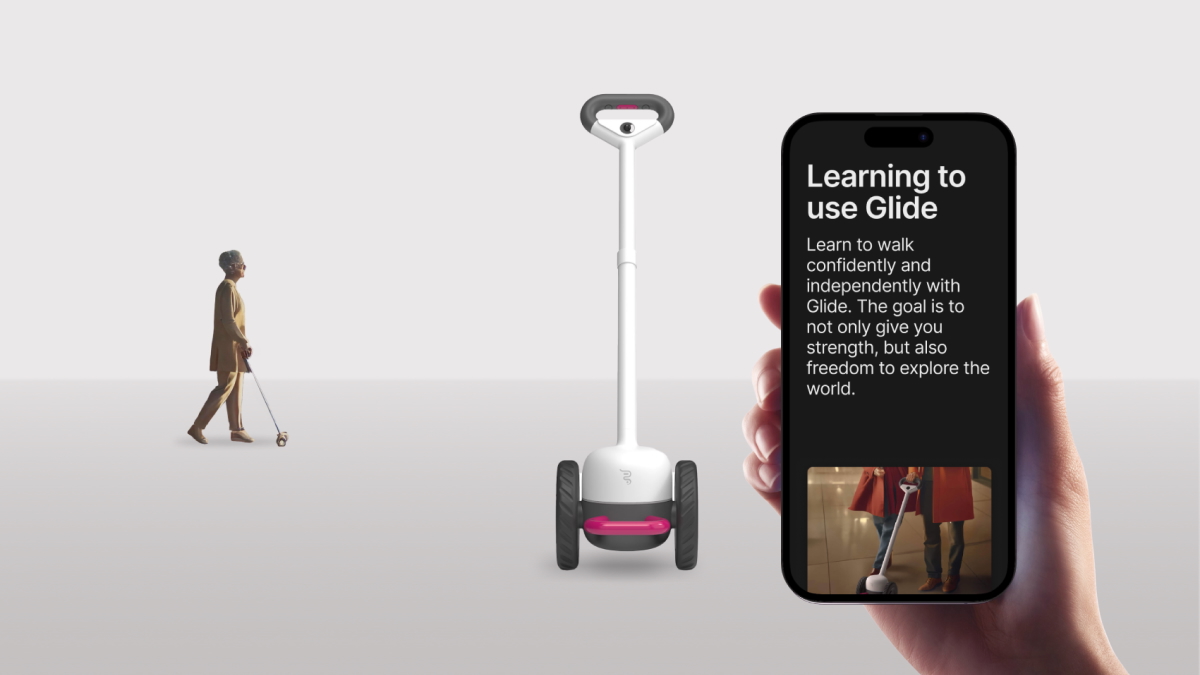 Image of a blind individual walking with a Glide device and a screenshot of the Glide companion app. 