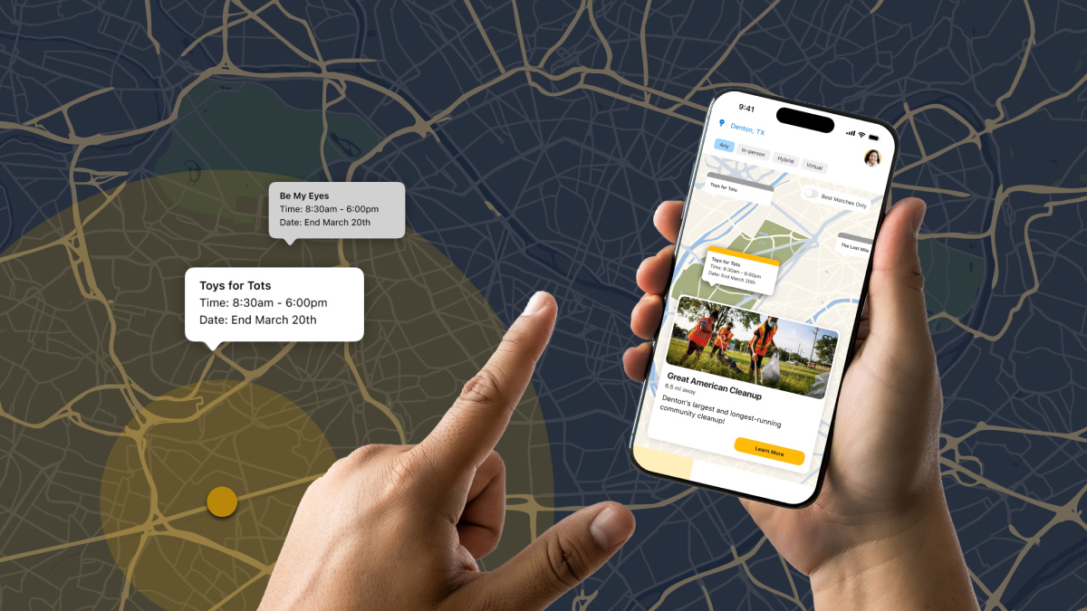 Screenshot of the BusyBee app showing a map of volunteers.