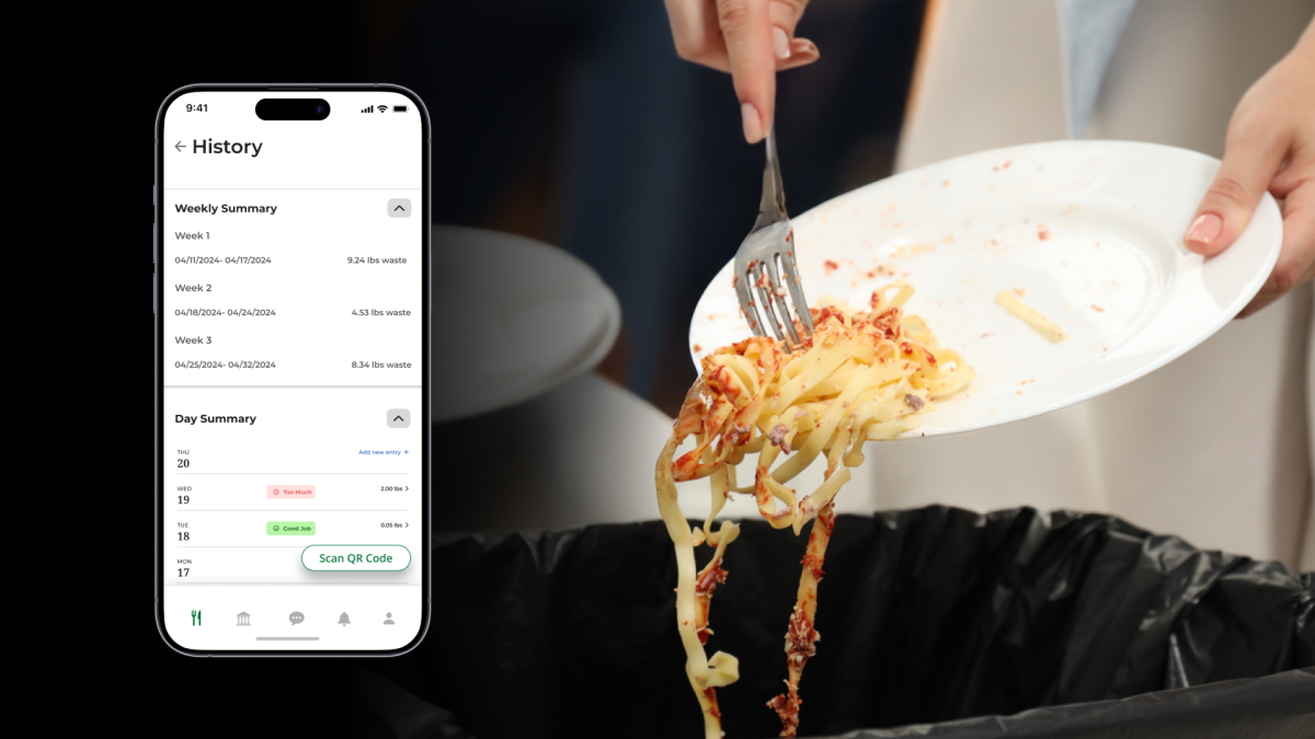 Screenshot of app and a person throwing away food into a trashcan.