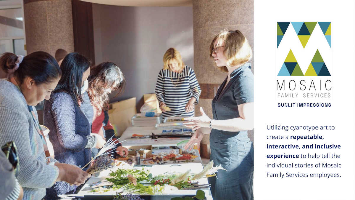 Photo showing nine cyanotype prints at Mosaic Family Services.