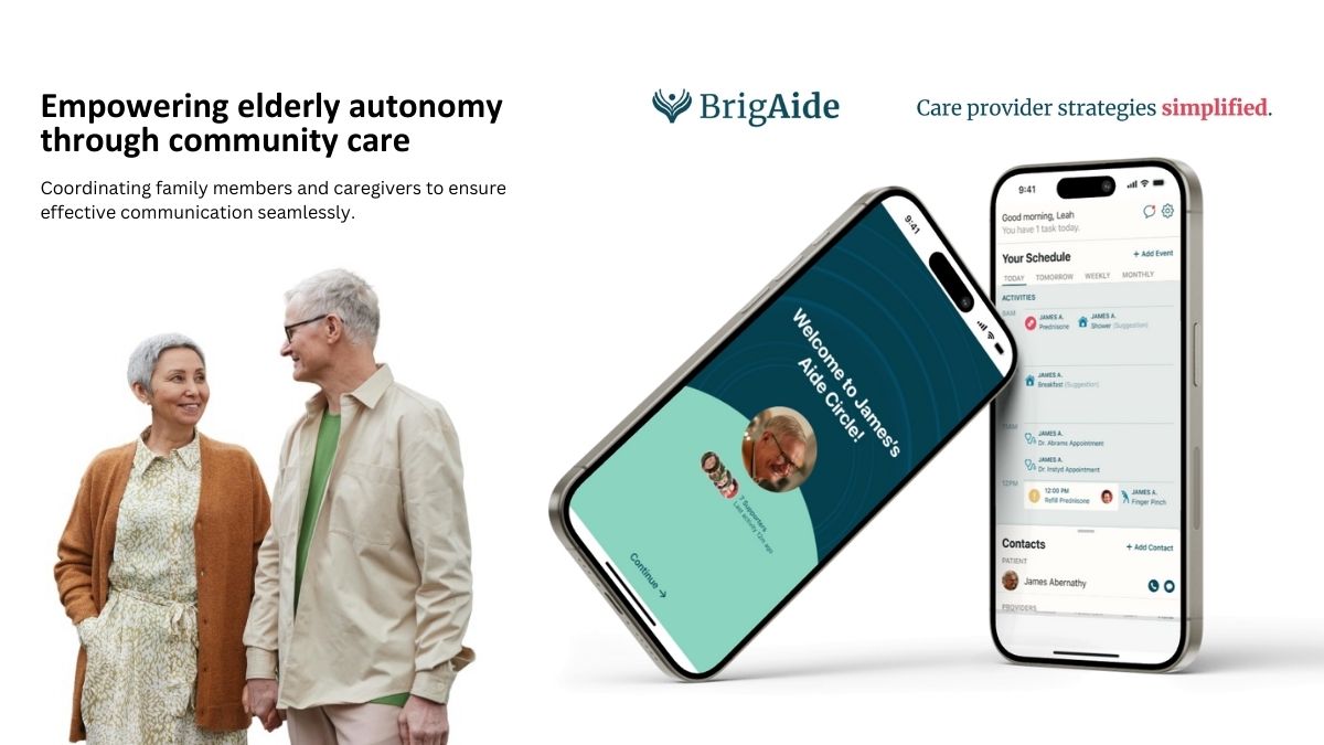 Image of an elderly couple with two screenshots of the BrigAide app.