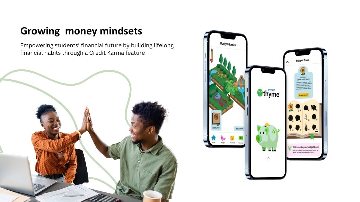 Image of a parent and child high-fiving each other and three screenshots of the Thyme app.