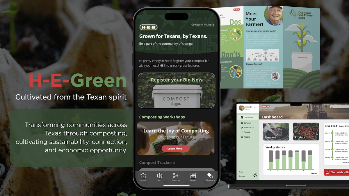 Image of the H-E-B app, a website dashboard, and a pamphlet.