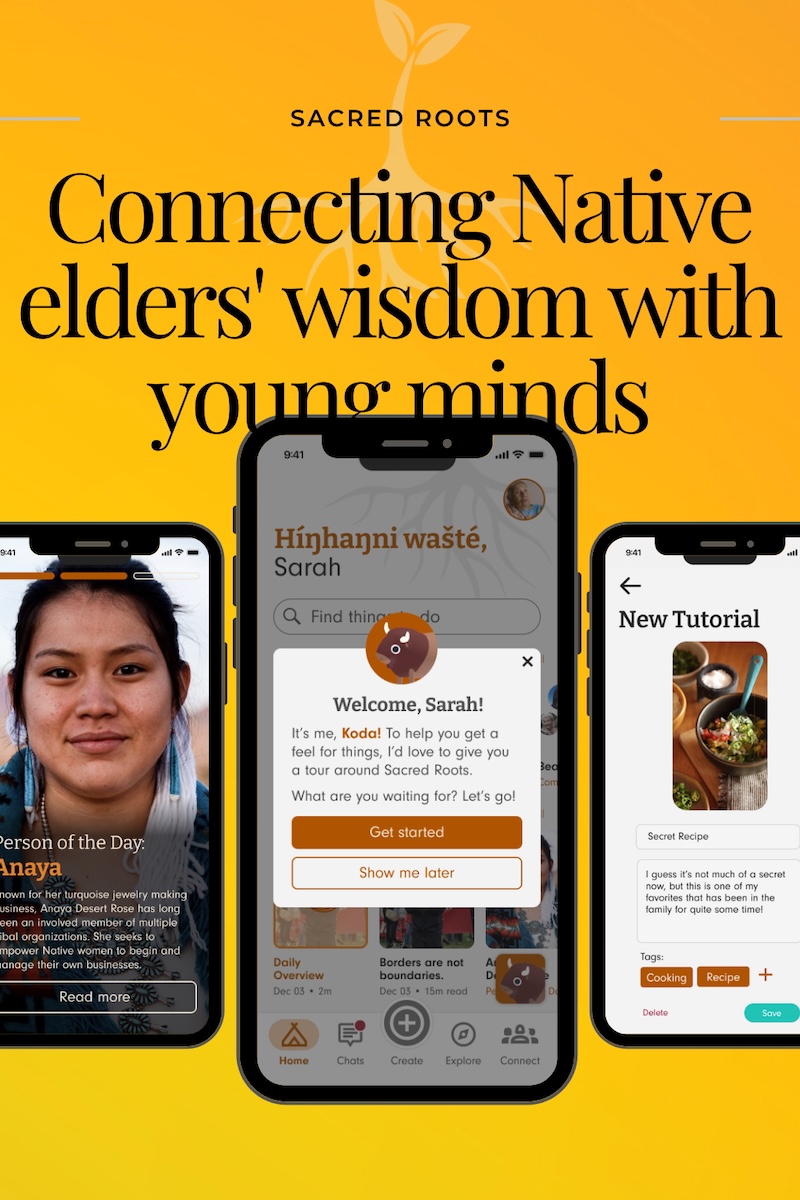 Image of three screens showing the Sacred Roots app.