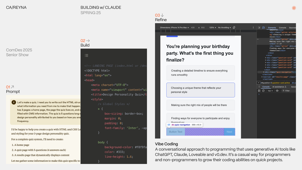 Screenshots of a generative AI prompt, HTML code, and a final screen.