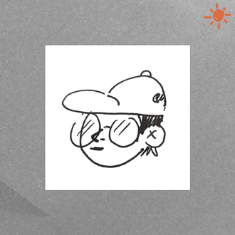 A line drawing of a person wearing glasses and a baseball cap.