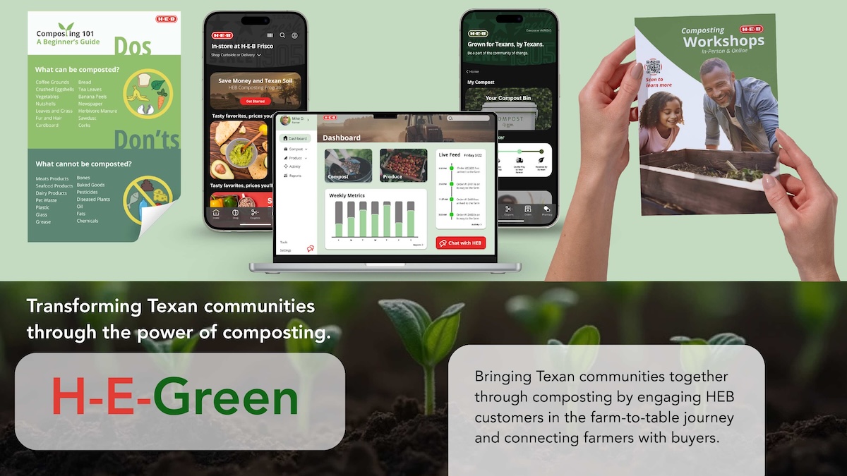 Screenshots of H-E-Green app for H-E-B, a poster, and a workshop guide.