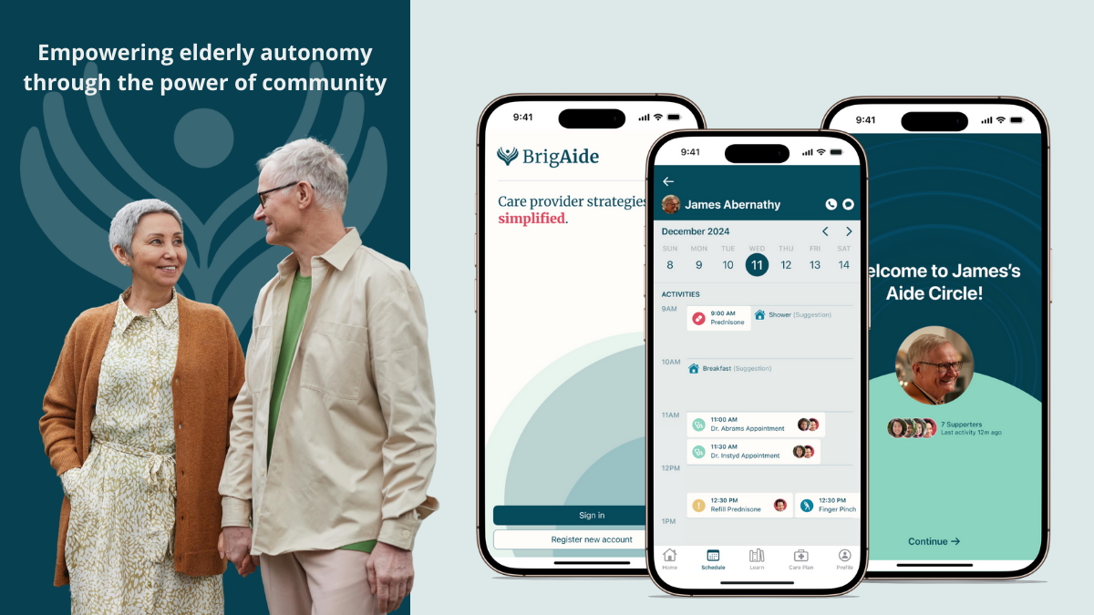 Image of an elderly couple with two screenshots of the BrigAide app.