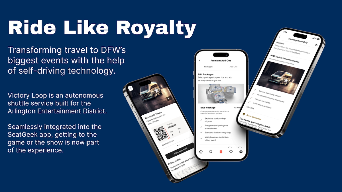 Image of three app screens of the Ride Like Royalty app.