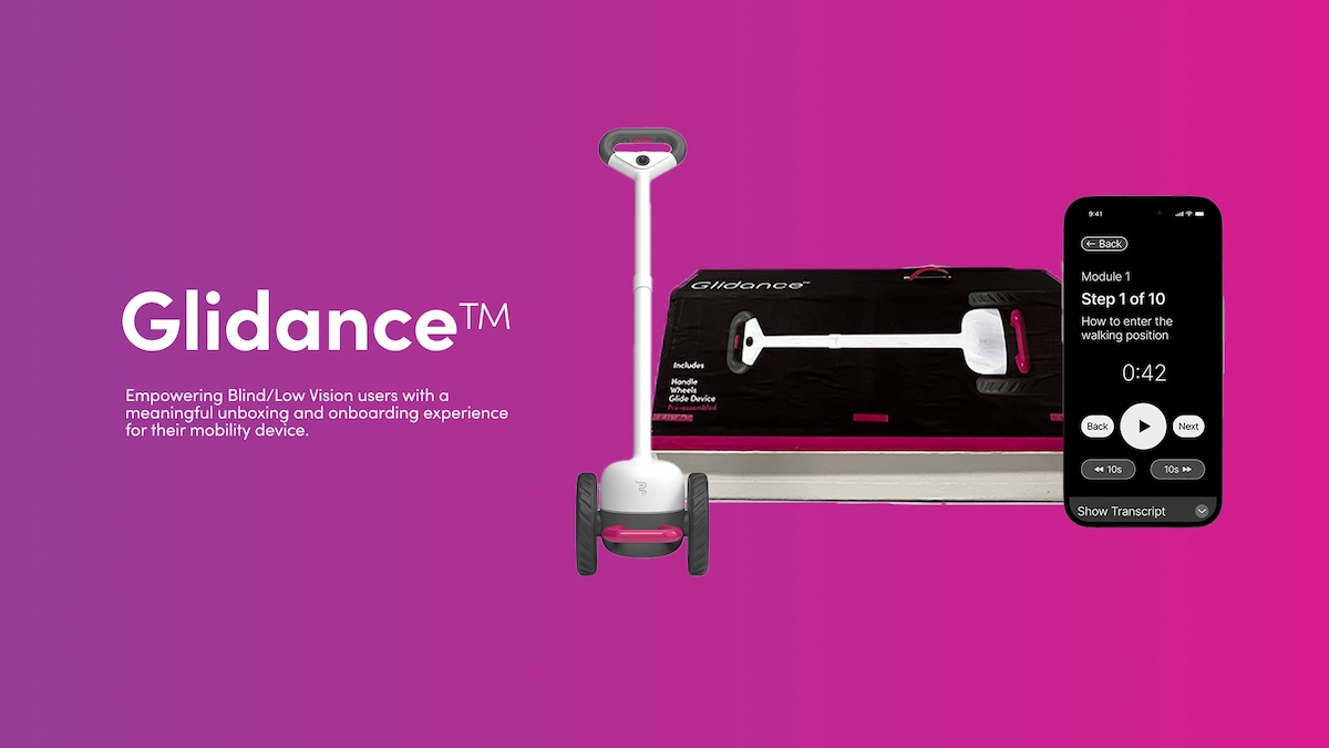 Image showing product packaging, an assistive mobility device, and an app screen.