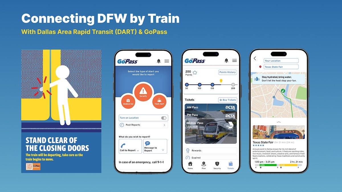 Image showing a warning to train riders to watch for closing doors and three screens of the GoPass app.