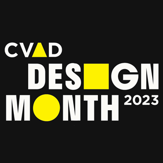 CVAD Design Month 2023 in white and yellow block letters on a black background.