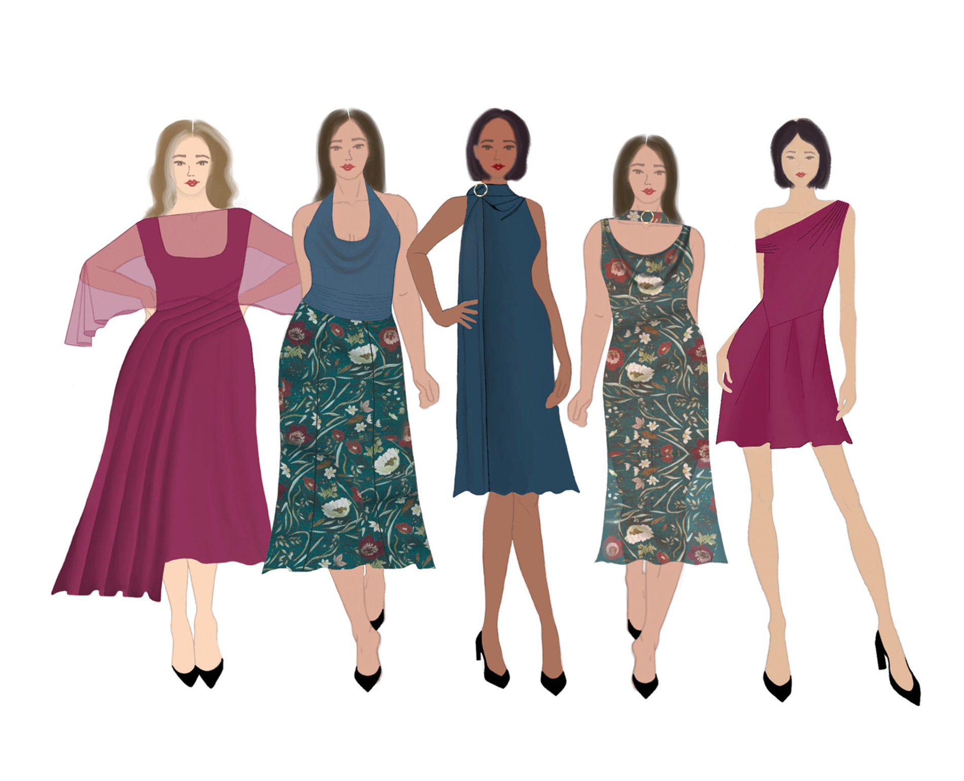 Illustration of five women wearing knee-length dresses in colors of burgundy, blue and floral fabrics.