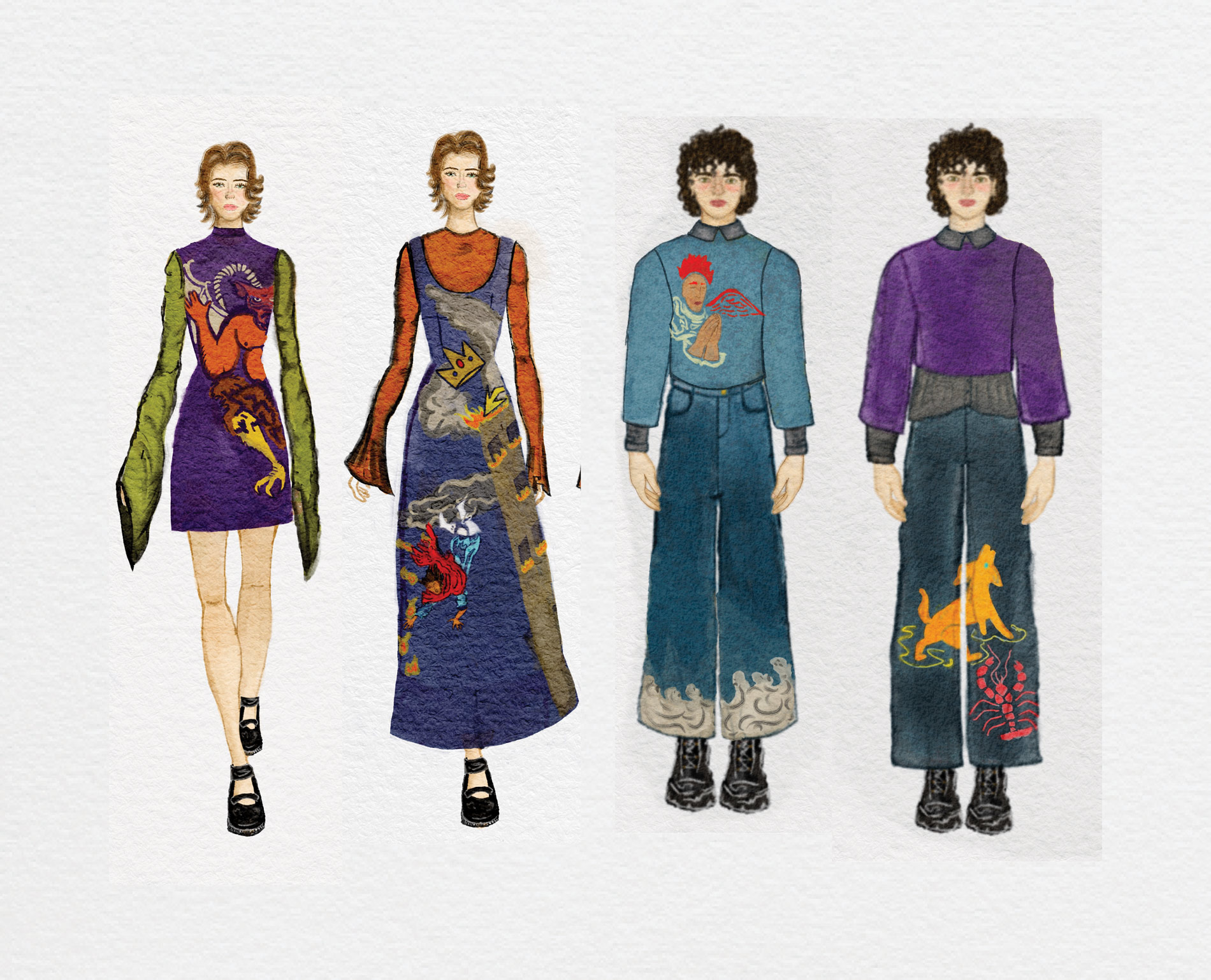 A group of 4 ensembles, that are heavily embellished using paint and appliqué to create a tarot card design.