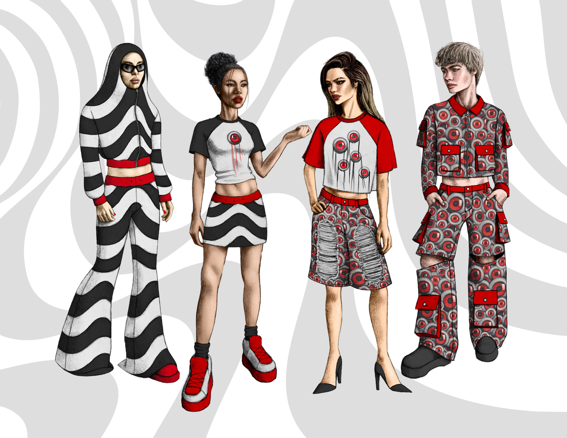 Collection illustrations of streetwear looks featuring black and white striped patterns and repeated red eyeball motifs.
