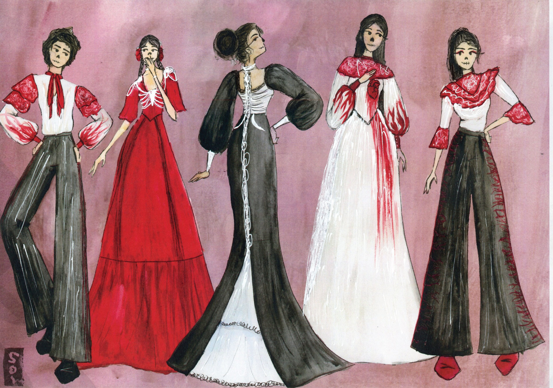 Illustration of a man and four women wearing black, red-and-white gothic evening wear.