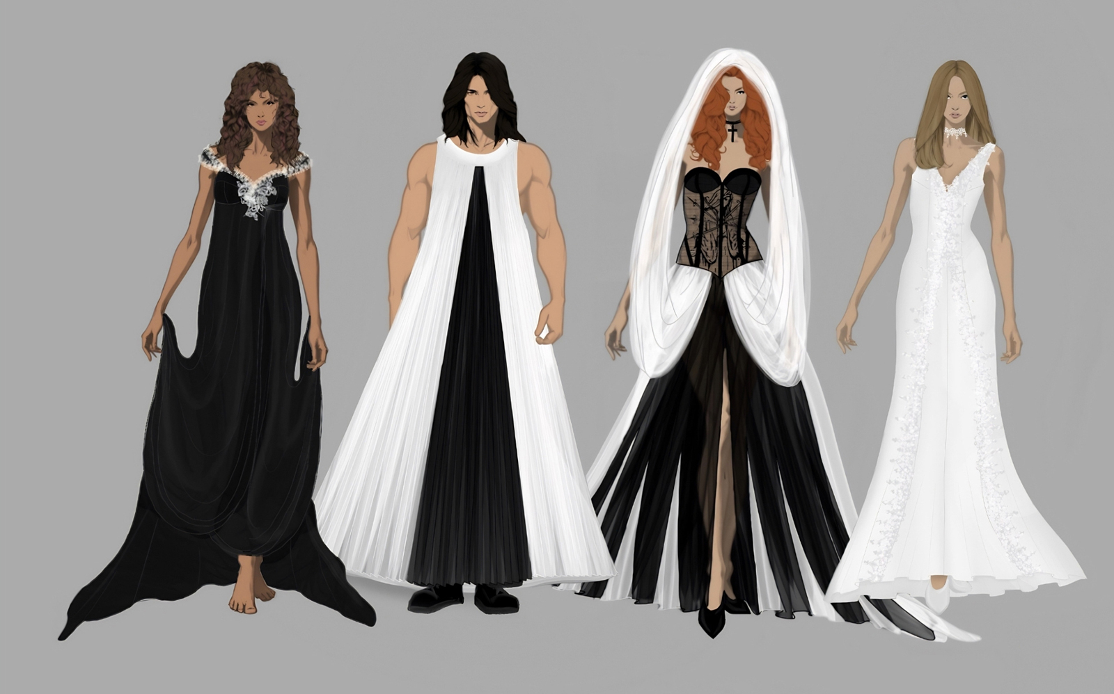 Group of three women and one man wearing black and white evening wear and bridal gowns.