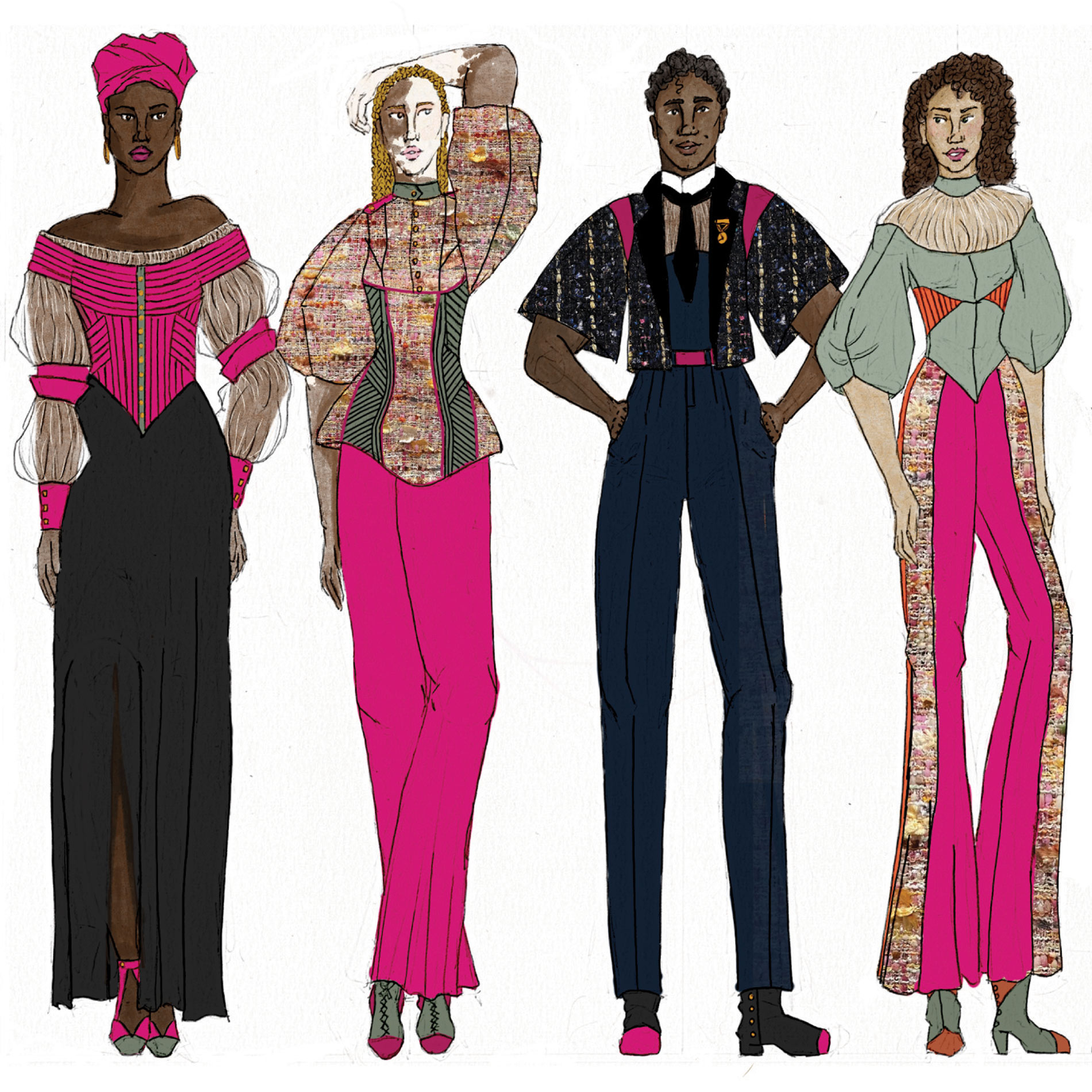Group of 4 models, 3 women and 1 man. One of the women wears a pink silk corset and a velvet black skirt. The two other women wear pink silk pants with tweed and silk pink and green tops. The man wears a navy top and pants, with a tweed Black jacket.